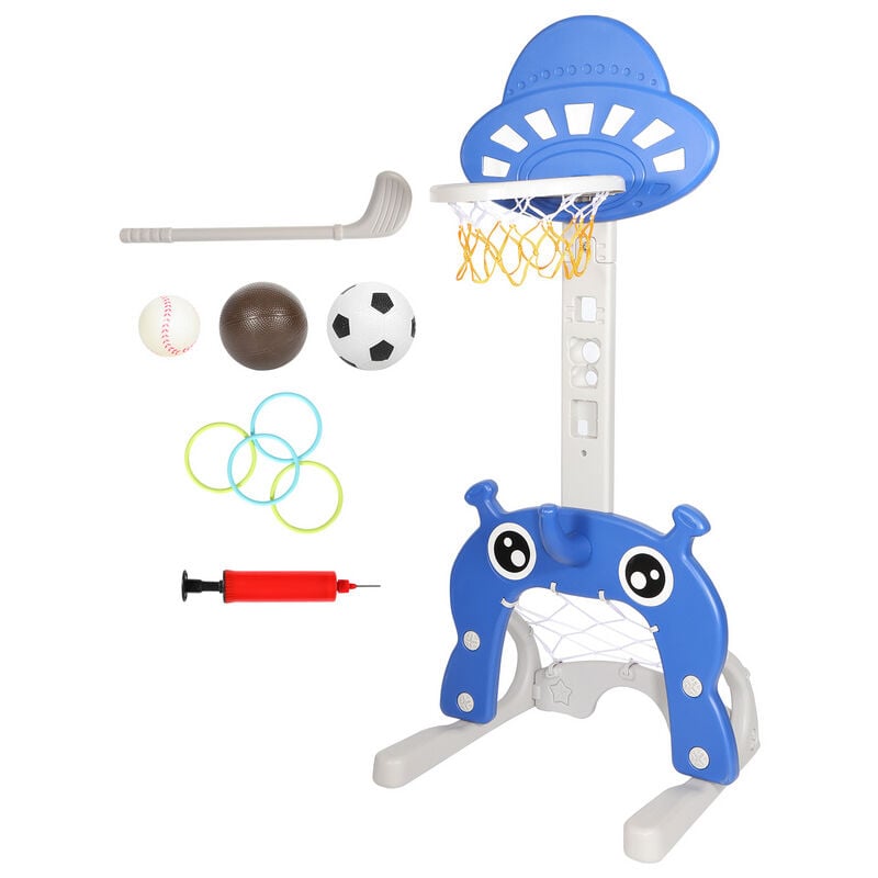 foto del prodotto swanew cestino 4 in 1 per bambini pallone da basket, calcio, lancio dell anello e pallina da golf, blu, adatto a bambini dai 3 anni in su.