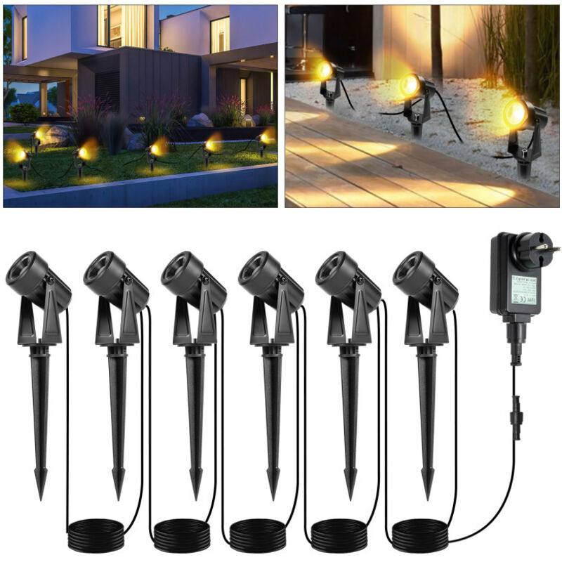 foto del prodotto swanew confezione da 6 faretti da picchetto per esterni. faretto da giardino a led con zoccolo cob ip65 bianco caldo