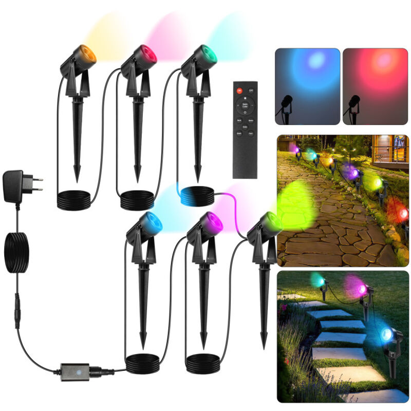 foto del prodotto swanew confezione da 6 faretti da picchetto per esterni. faretto da giardino a led con zoccolo impermeabile ip65 cob rgb