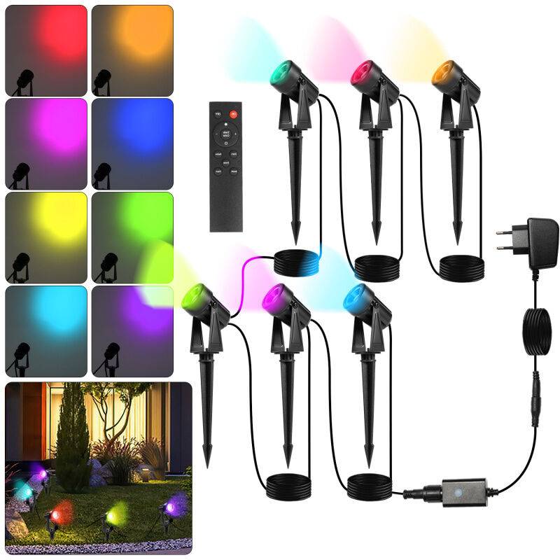 foto del prodotto swanew confezione da 6 faretto da giardino a led con picchetto di terra. illuminazione da giardino con zoccolo ip65 rgb