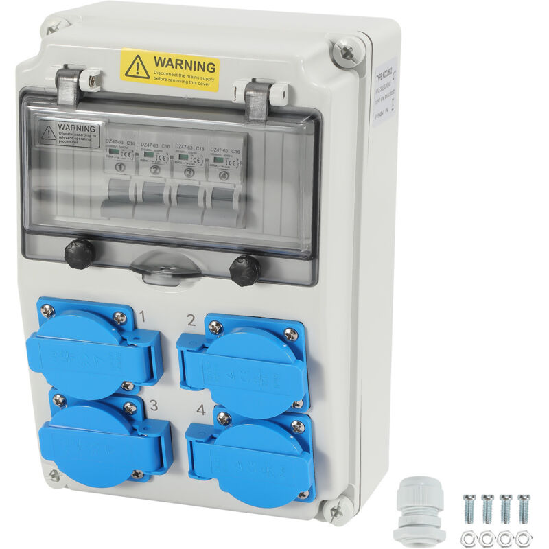 foto del prodotto swanew distributore da parete con interruttore di protezione del tubo, distributore di corrente di costruzione con 4 prese schuko e 4 prese cee, 16 a