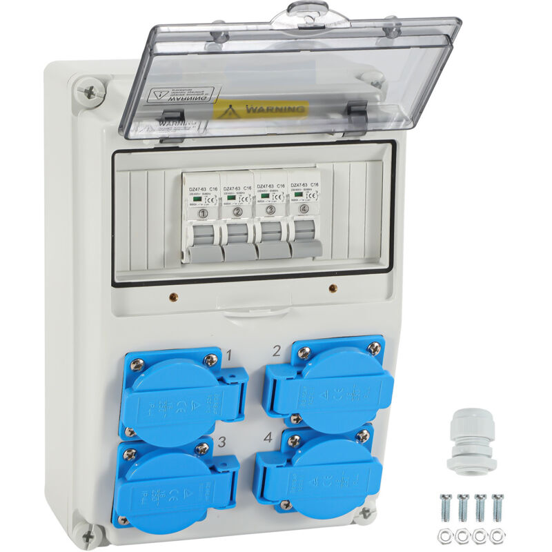 foto del prodotto swanew distributore da parete con interruttore di protezione del tubo, distributore di corrente di costruzione con 4 prese schuko e 4 prese cee, 16 a