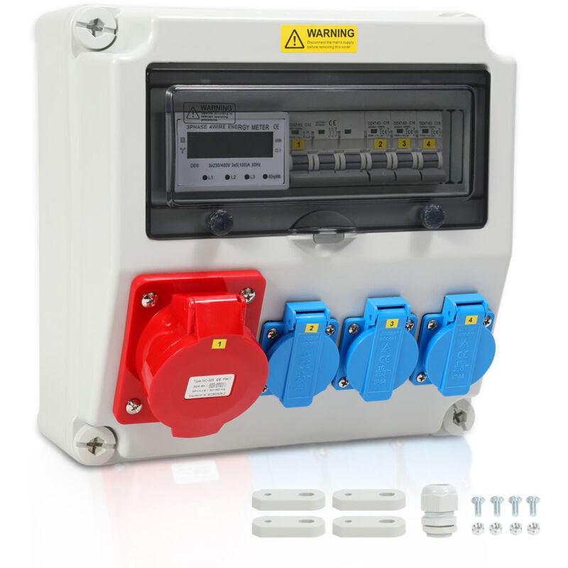 foto del prodotto swanew distributore di corrente a parete con contatore elettrico trifase e mcb, distributore di corrente da cantiere con 3 prese schuko cee 32a