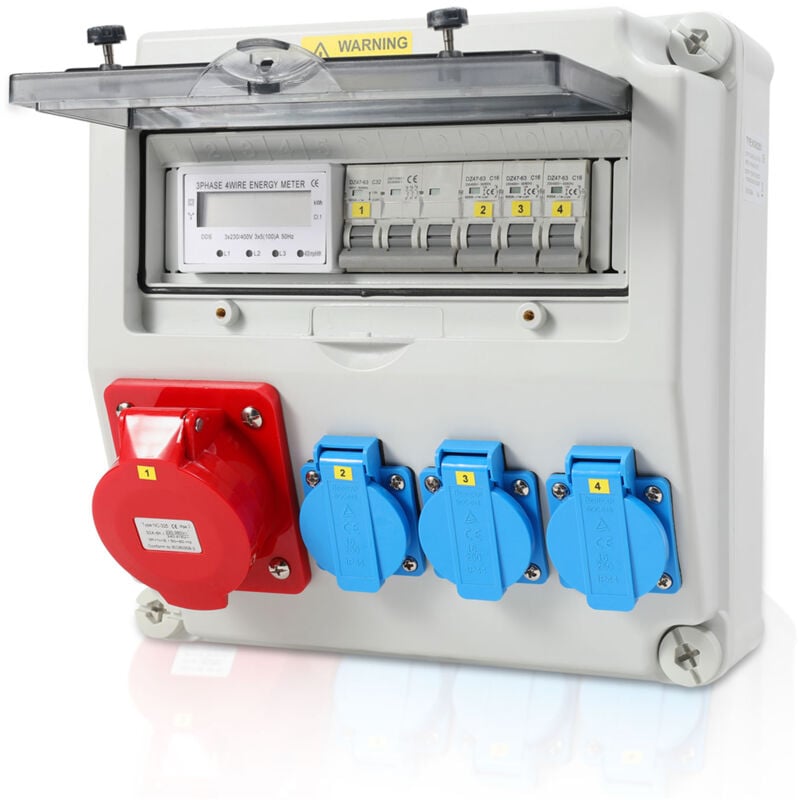 foto del prodotto swanew distributore di corrente a parete con contatore elettrico trifase e mcb, distributore di corrente da cantiere con 3 prese schuko cee 32a
