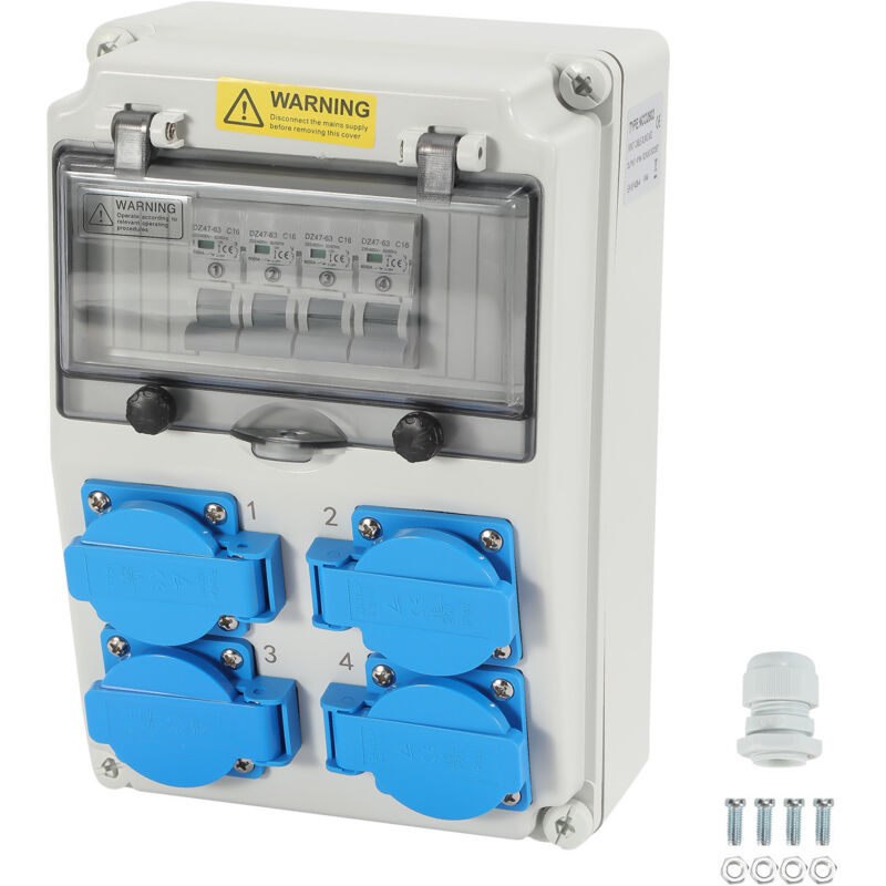 foto del prodotto swanew distributore di corrente da costruzione, a parete con interruttore di protezione, 4 prese schuko e presa cee 16 a, distributore di corrente