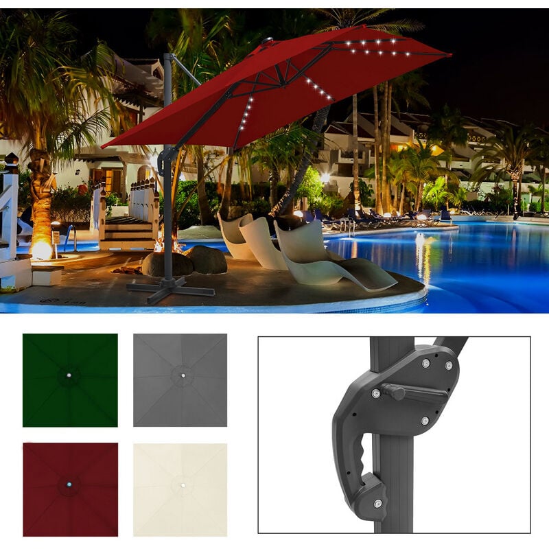 foto del prodotto swanew ombrello offset inclinabile 3x3m, ombrello pieghevole da giardino all aperto, base trasversale girevole a 360 protezione uv50 , led, rosso