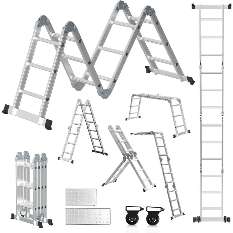 foto del prodotto swanew scala multifunzione in alluminio,scala multiuso 360cm, scala pieghevole 6 in 1 con 2 ruote e piattaforma, scala multiuso pieghevole 4 x 3