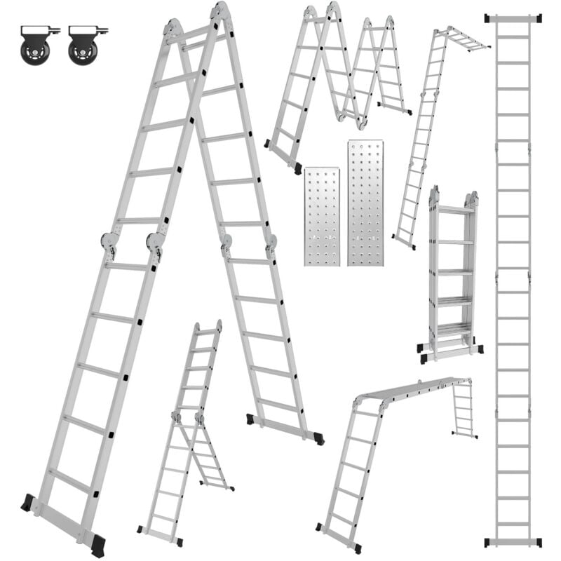 foto del prodotto swanew scala multiuso 582 cm, scala pieghevole 6 in 1 con 2 rotelle e piattaforma, scala multiuso pieghevole 4 x 5 argento fino a 150 kg