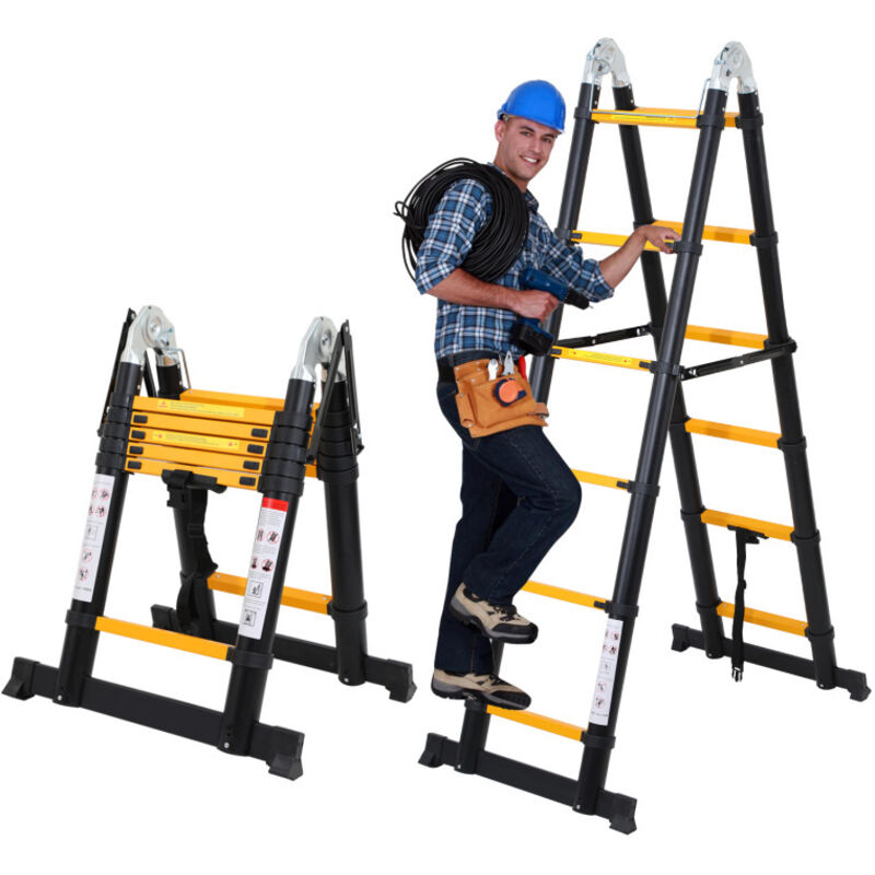 foto del prodotto swanew scala telescopica alu nero scala pieghevole 1,9m 1,9m a scala a telaio con barra di sostegno scala in alluminio estensibile scala scorrevole