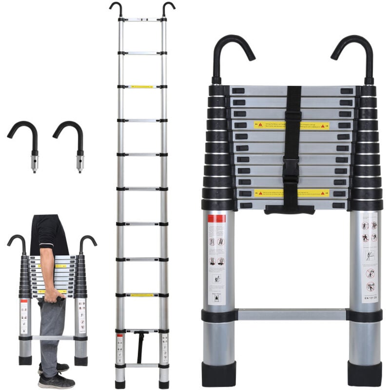 foto del prodotto swanew scala telescopica con scala di estensione del gancio fino a 150 kg scala a pioli in alluminio stabile argento 3.2 m