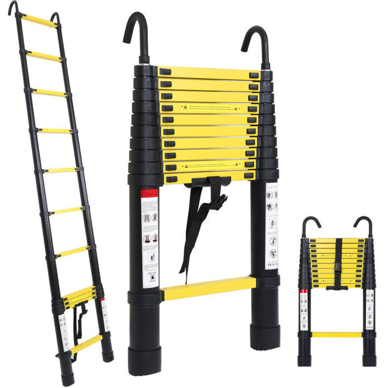 foto del prodotto swanew scala telescopica con scala di estensione del gancio fino a 150 kg scala a pioli in alluminio stabile nero giallo 3.2 m