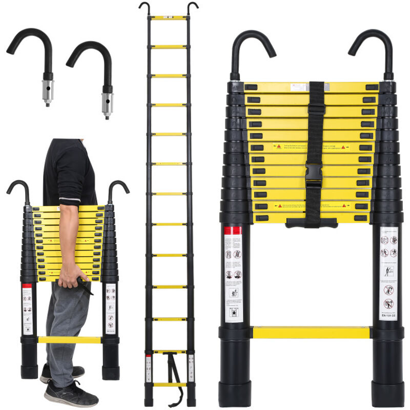 foto del prodotto swanew scala telescopica in alluminio con gancio per scaletta nero giallo 3.8m