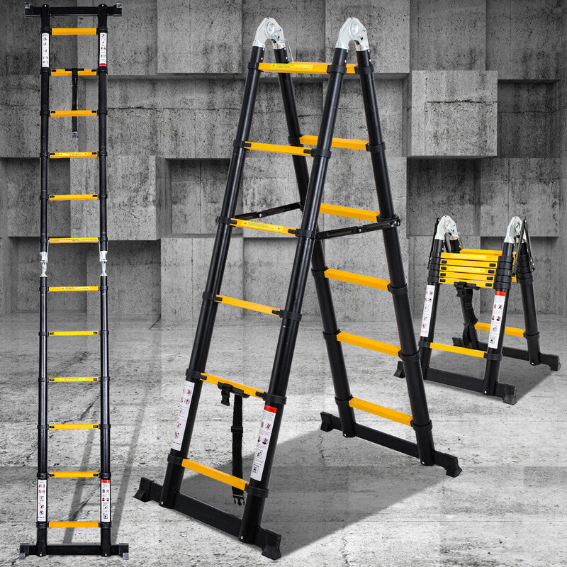 foto del prodotto swanew scala telescopica scala pieghevole in alluminio scala a gradini senza ganci con stabilizzatore con ruote 1.9m 1.9m giallo nero