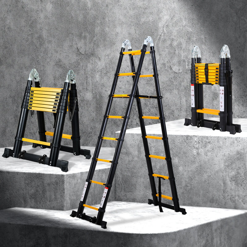 foto del prodotto swanew scala telescopica scala pieghevole in alluminio scala a gradini senza ganci con stabilizzatore con ruote 2.5m 2.5m nero giallo
