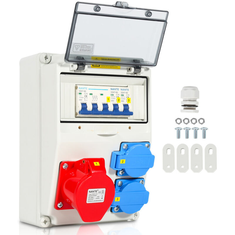 foto del prodotto swanew site box distributore da parete con magnetotermico. distributore elettrico da cantiere a 5 poli con 2 prese schuko e presa 16 a cee per