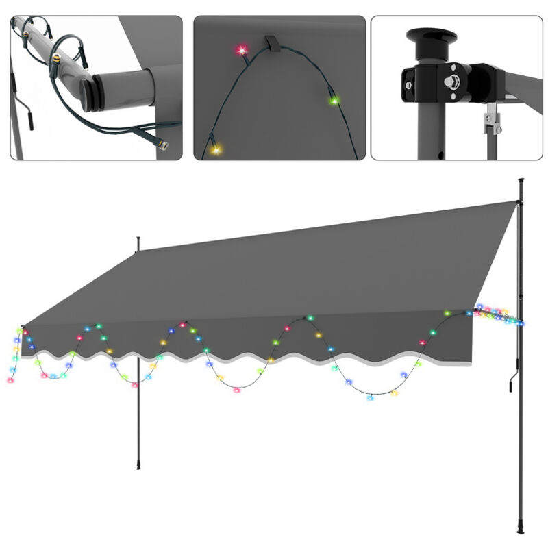 foto del prodotto swanew tenda da sole manuale con maniglia non richiede foratura resistente all acqua e al sole altezza regolabile con luci decorative grigio 200cm