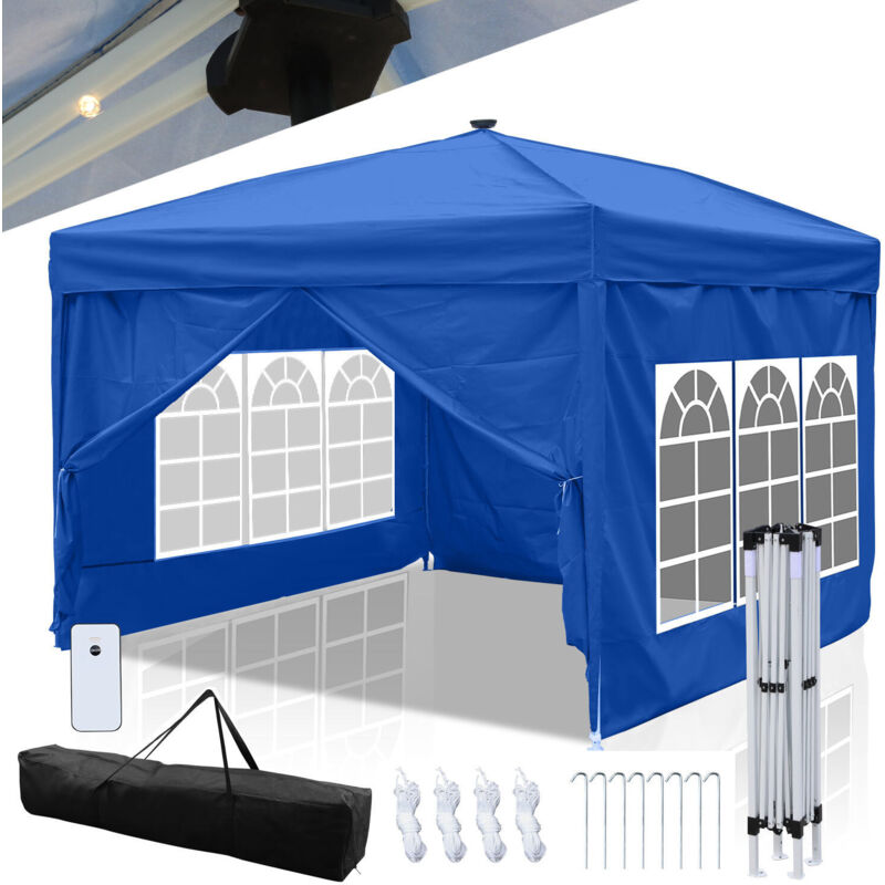 foto del prodotto swanew tenda pieghevole per feste pergolato da giardino tenda pieghevole protezione uv per esterni, campeggio con pannelli laterali 3x3m blu con luce