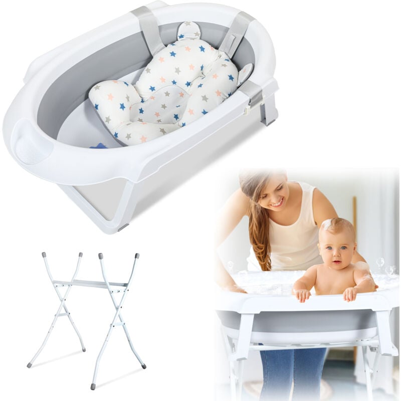 foto del prodotto swanew vasca da bagno per bambini con telaio con portata di 10 kg vasca da bagno per bambini pieghevole con cuscino per il bagno, grigio
