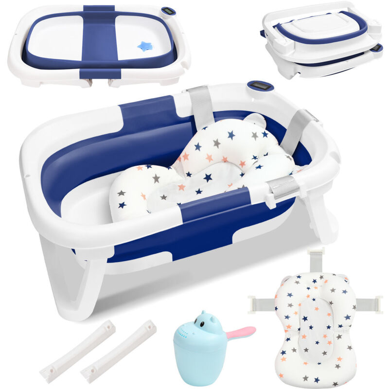 foto del prodotto swanew vasca da bagno pieghevole per bambini da 0 a 6 anni con materassino staccabile tappo di scarico cuscino antiscivolo blu