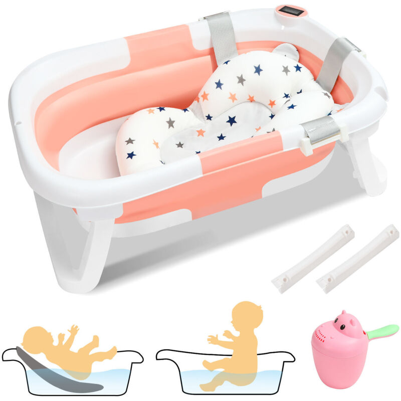 foto del prodotto swanew vaschetta da bagno pieghevole con termometro e cuscino da bagno vaschetta da bagno pieghevole 60,5 cm rosa