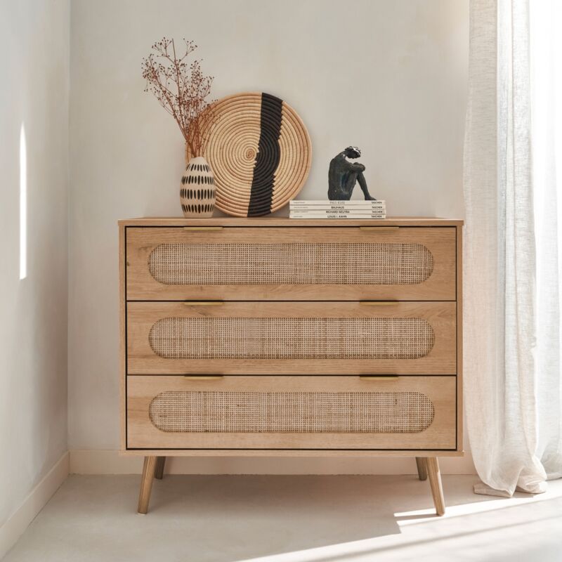 foto del prodotto sweeek cassettiera in legno e canna intrecciata, 3 cassetti