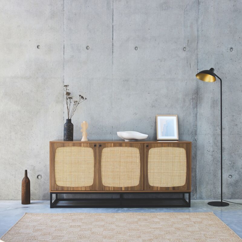 foto del prodotto sweeek credenza a 3 ante arrotondate in legno e canna, 160cm