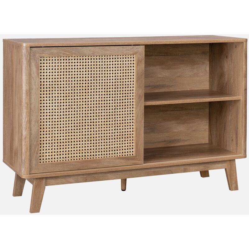 foto del prodotto sweeek credenza con 1 anta scorrevole e ripiani, effetto legno e canna, 120cm