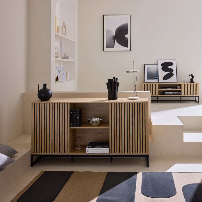 foto del prodotto sweeek credenza contemporanea a 2 ante scanalate effetto legno, 140cm
