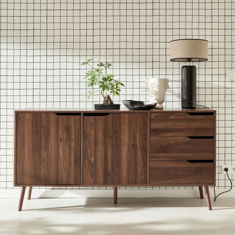 foto del prodotto sweeek - credenza scandinava a 2 ante effetto legno di noce, 160cm