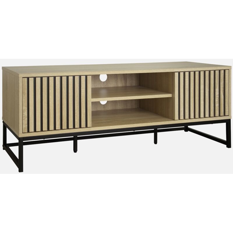 foto del prodotto sweeek mobile tv a 2 ante in legno scanalato e metallo nero, 120cm
