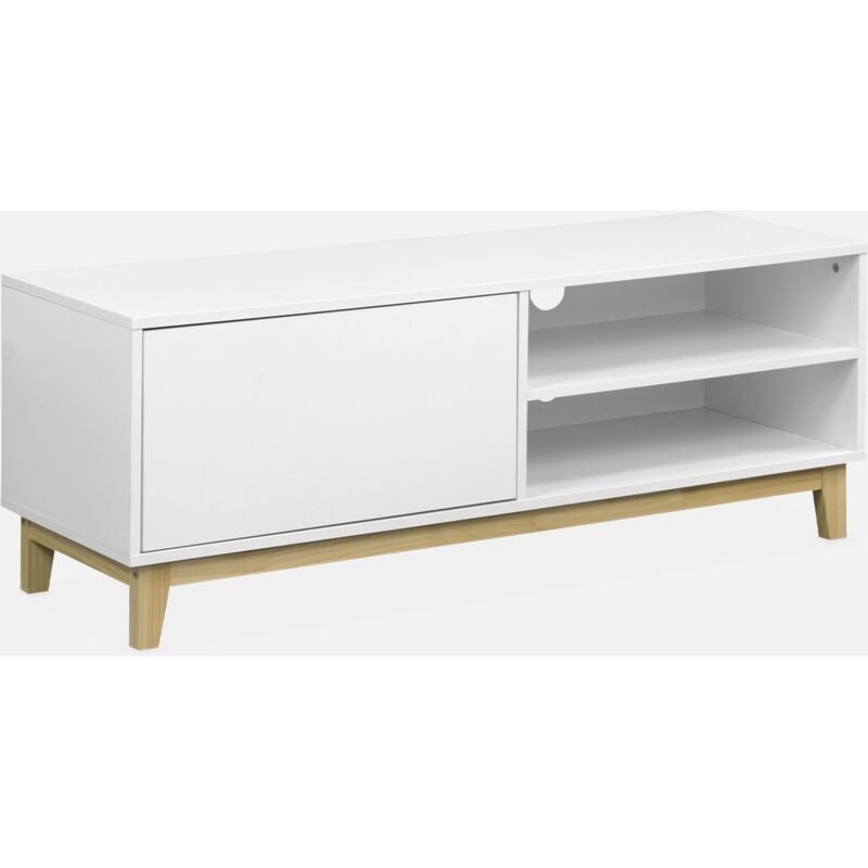 foto del prodotto sweeek mobile tv effetto legno con gambe in legno e 1 cassetto, 120cm