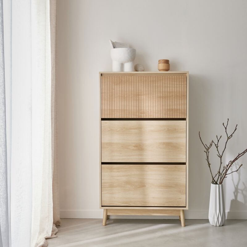 foto del prodotto sweeek scarpiera a 3 ante, decoro in legno naturale