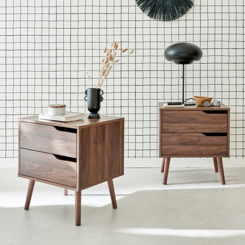 foto del prodotto sweeek set di 2 comodini effetto legno tinto noce, 2 cassetti