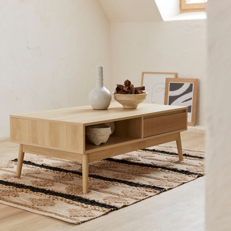 foto del prodotto sweeek - tavolino scandinavo, decoro in legno scanalato, 2 nicchie, 1 cassetto