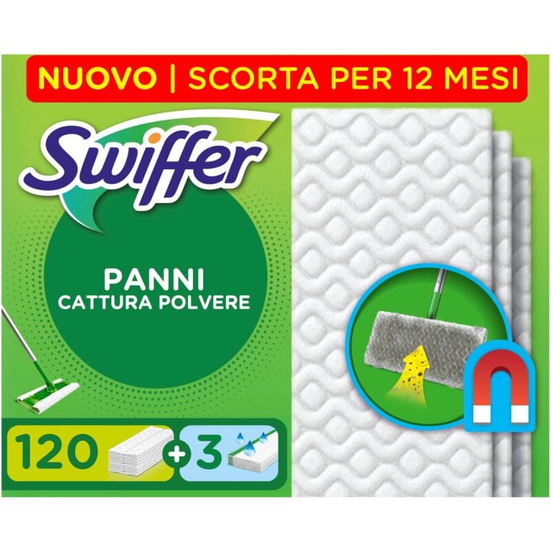 foto del prodotto swiffer panni catturapolvere, 120 microfibre dry e 3 lavapavimenti, cattura polvere e sporco, ottimo per tutti i tipi di pavimenti e per i peli di