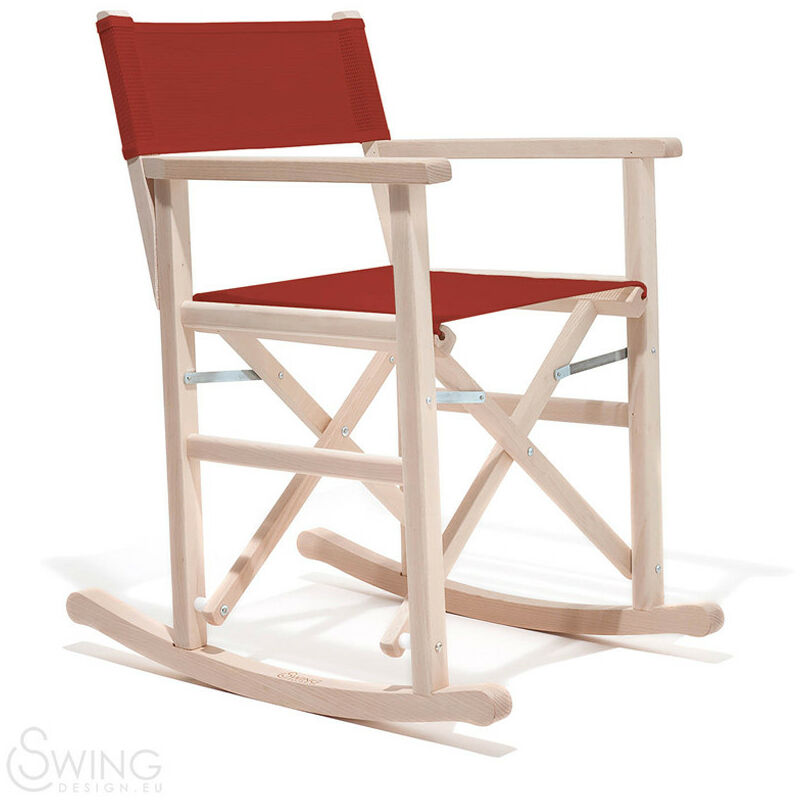 foto del prodotto swing rosso sedia seduta dondolo regista playa capri legno tessuto colorata di design made in italy