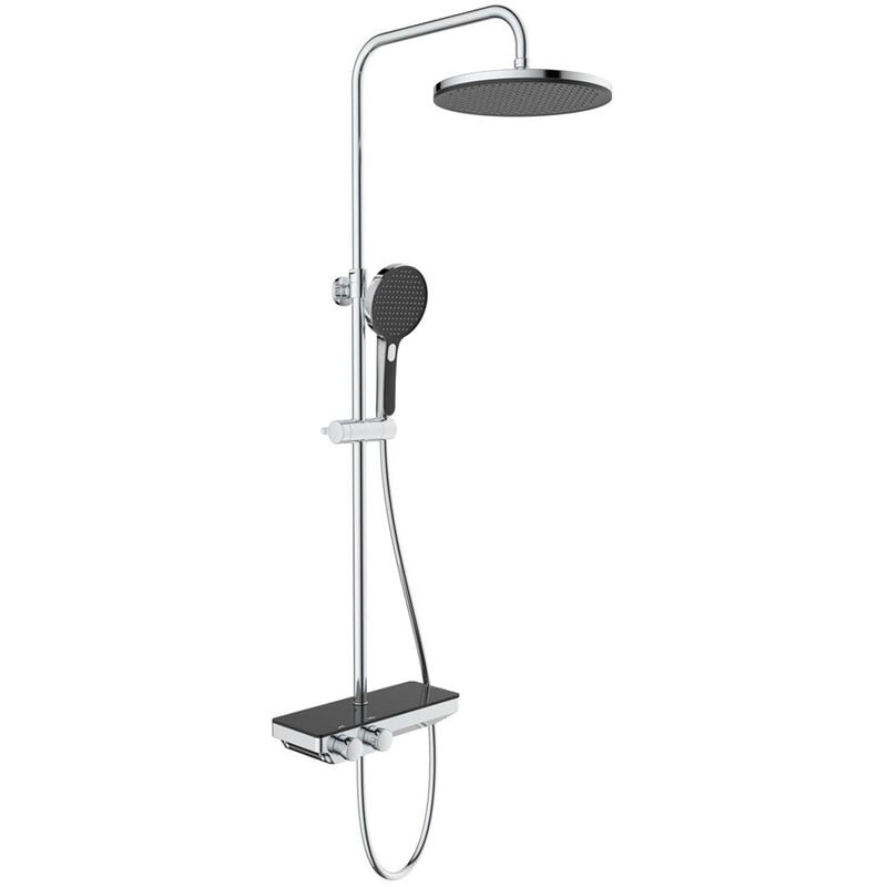 foto del prodotto swiss aqua technologies colonna doccia con doccetta 3 getti, miscelatore termostatico, asta regolabile in altezza, nero cromo