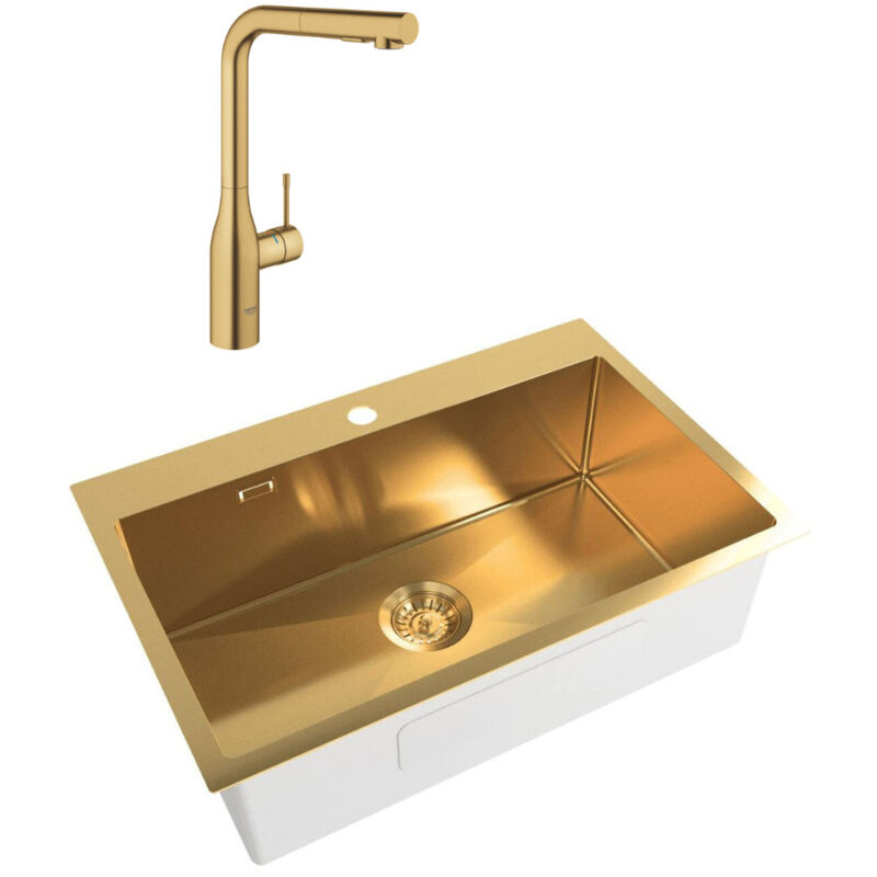 foto del prodotto swiss aqua technologies /grohe set timeless lavello da incasso acciaio inox 304, 68x45x21+essence miscelatore monocomando per lavello, oro spazzolato