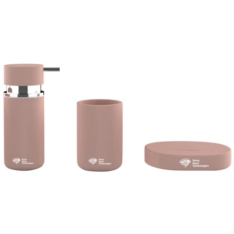 foto del prodotto swiss aqua technologies set accessori infinitio dispenser sapone, portasapone, bicchiere, ceramica, rosa opaco packsat rosemat