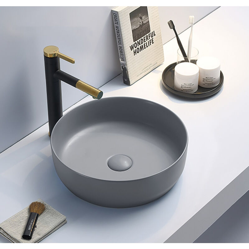 foto del prodotto swiss aqua technologies set lavabo da appoggio 39x39x12cm senza troppopieno, scarico infinitio grigio opaco setsatinf grigio