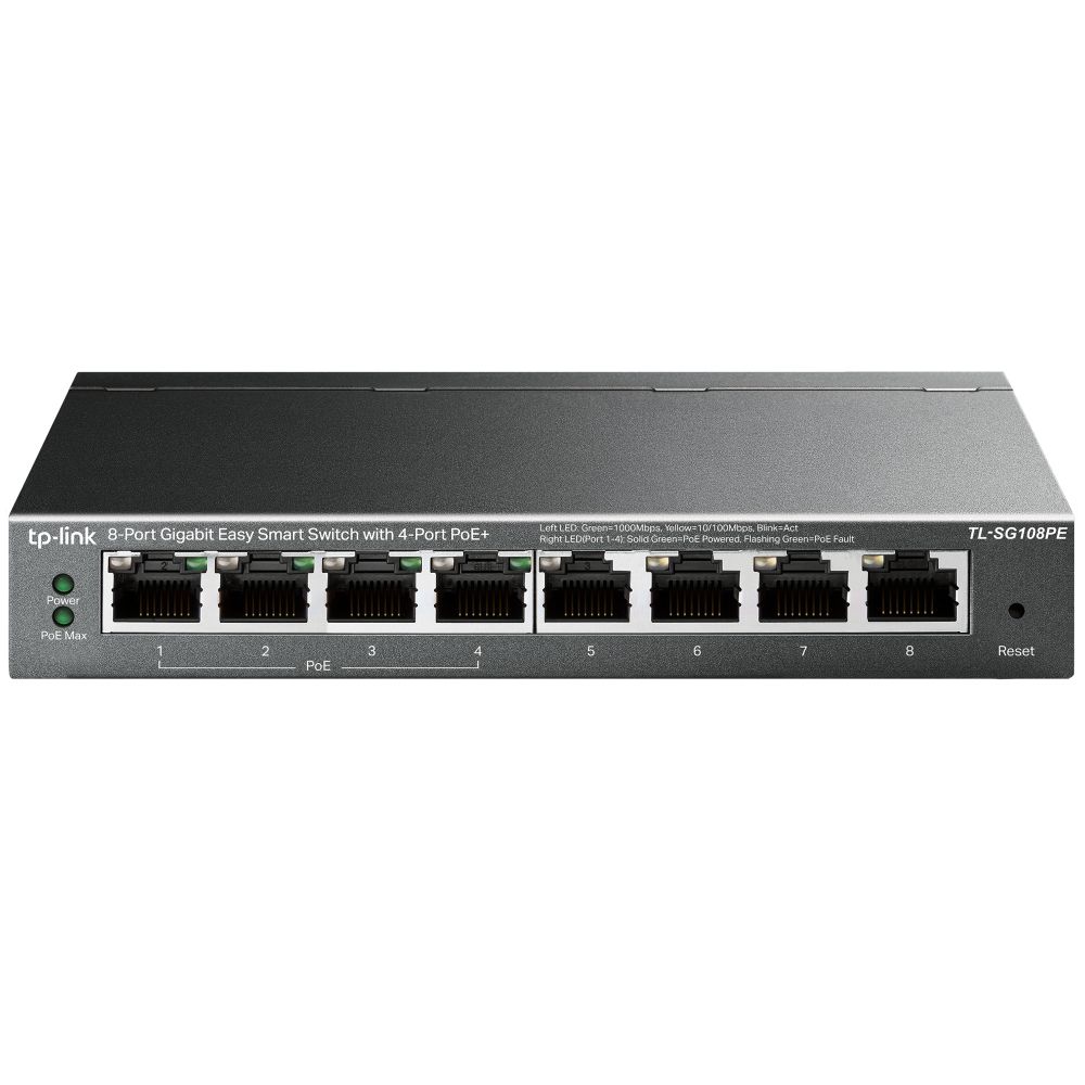 foto del prodotto switch 8p gigabit di cui 4p poe e tp link metal case