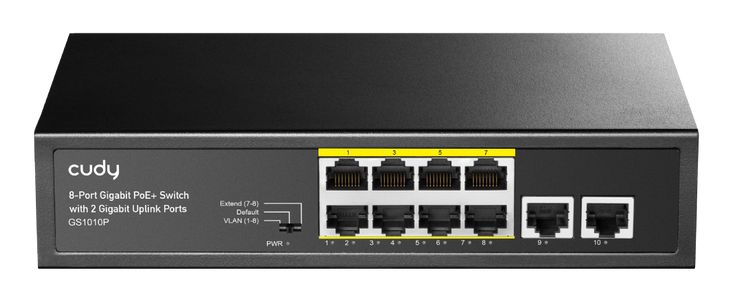 foto del prodotto switch 8p gigabit poe da 30w 2prj45 20gbps 120w power supply