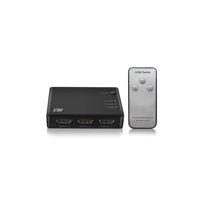 foto del prodotto switch hdmi 4k 3 porte, visualizza 3 sorgenti hdmi su un monitor.