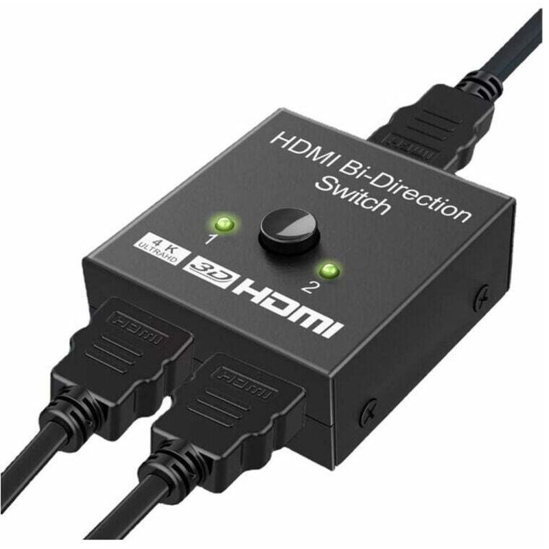 foto del prodotto switch hdmi bidirezionale in alluminio con supporto 4k 60hz, in grado di supportare 1 ingresso e 2 uscite o 2 ingressi e 1 uscita. supporta