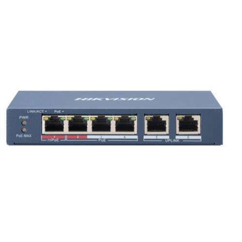 foto del prodotto switch hikvision l2, unmanaged, 4 10 100m rj45 poe ports, 2 10 100m rj45 uplink ports, 802.3af at bt, port 1 support hi poe 60w