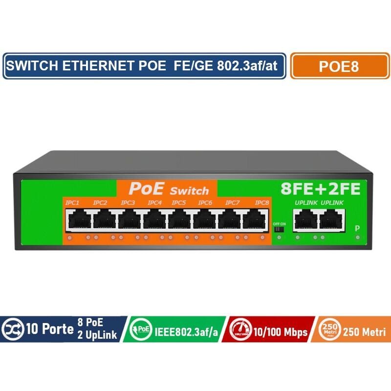 foto del prodotto switch poe ethernet 10 porte 8 porte poe 2 porte uplink rj45 10 100 mbps ieee 802.3af at