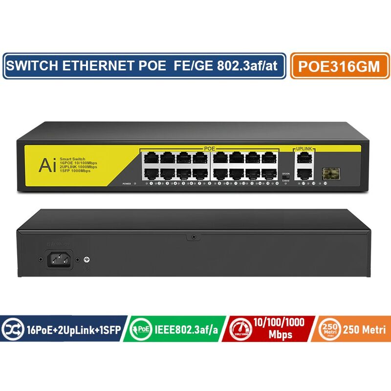 foto del prodotto switch poe ethernet 16 porte poe 2 porte rj45 10 100 1000 mbps 1 sfp ieee 802.3af at