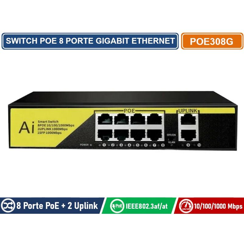 foto del prodotto switch poe gigabit ethernet 10 porte 8 porte poe 2 porte uplink rj45 10 100 1000 mbps ieee 802.3af at
