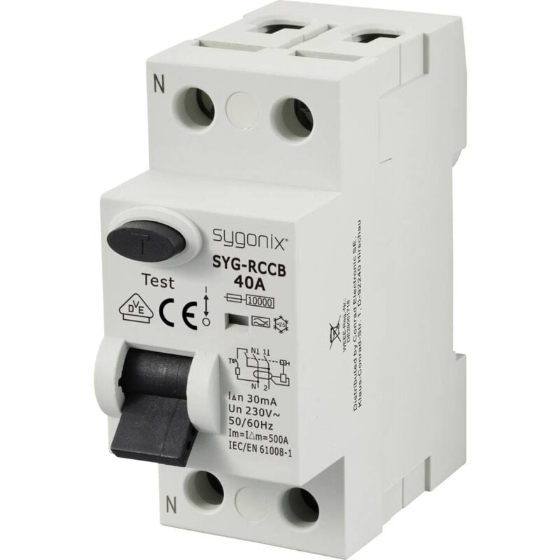 foto del prodotto sy 6438016 syg rccb 1p n a40 10ka 30ma interruttore differenziale di sicurezza a 2 poli 40 a 0.03 a 230 v ac sygonix