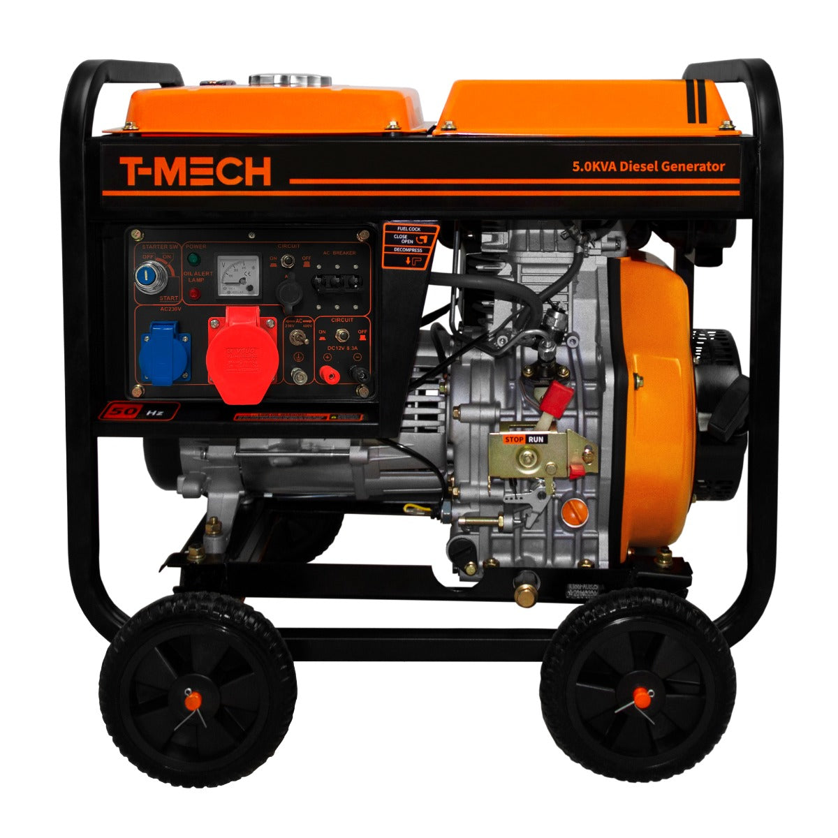 foto del prodotto t-mech 10cv generatore portatile trifase 12.5lt diesel 5000w 14 ore di autonomia con meta' pieno 2 prese da 230v / 400v con 4 ruote facile da trasportare ottimo per garage officina cantiere campeggio